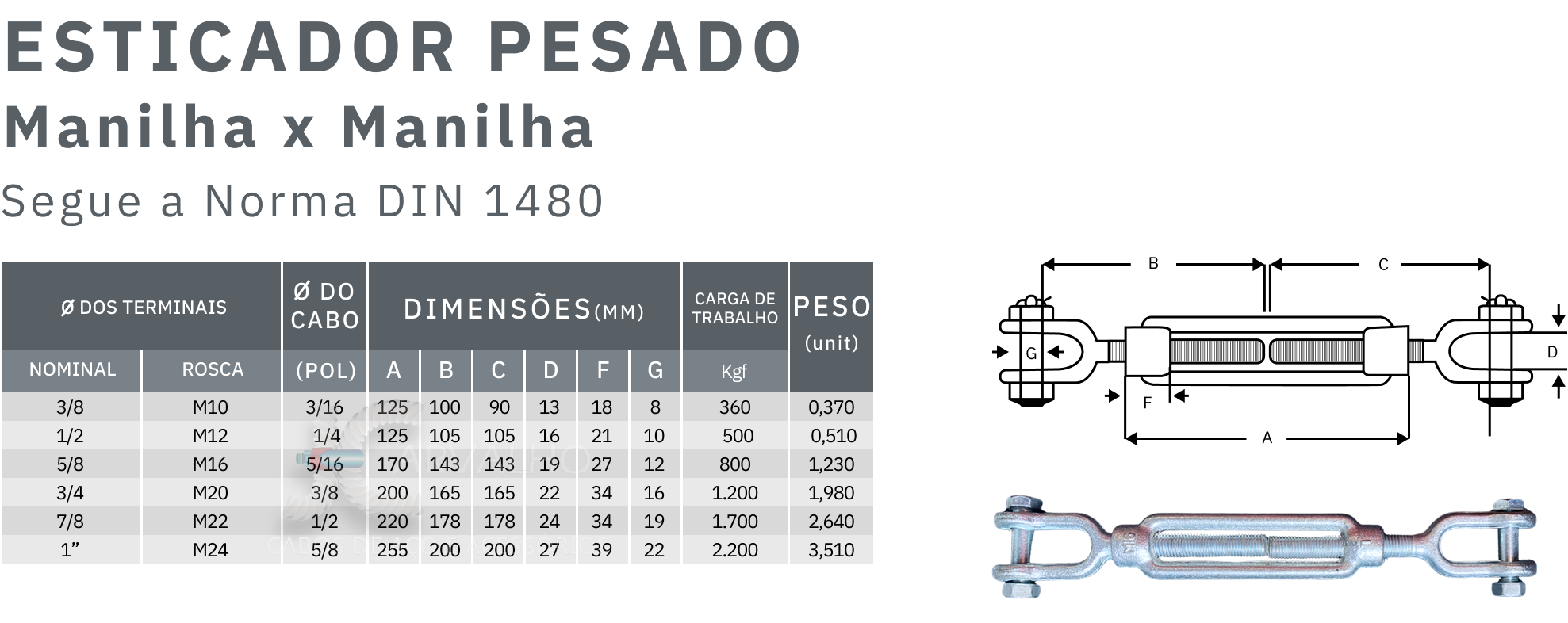Tabela de medidas esticador manilha manilha pesado - Jcarvalho